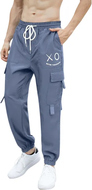 OYOANGLE Men's Cargo Pants Drawstring Elastic Waist Flap Pocket Casual Street Pants