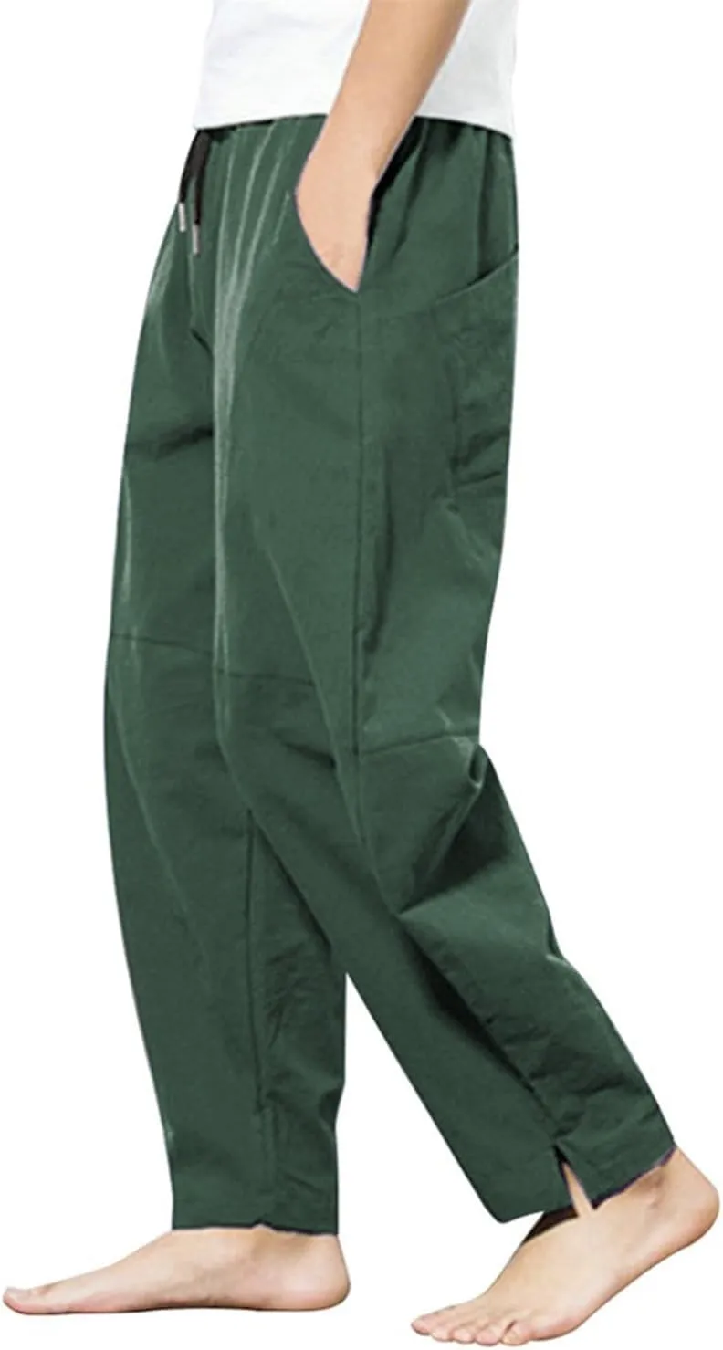 PACEIADTA Men's Cotton Linen Drawstring Pants Elastic Waist Casual Summer Beach Pants