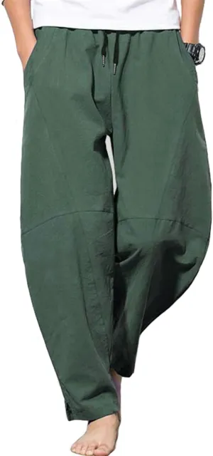 PACEIADTA Men's Cotton Linen Drawstring Pants Elastic Waist Casual Summer Beach Pants