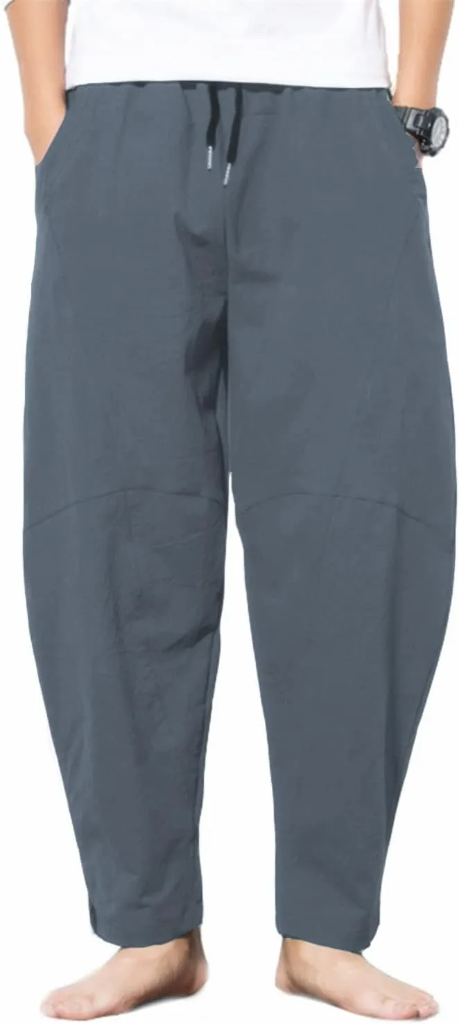 PACEIADTA Men's Cotton Linen Drawstring Pants Elastic Waist Casual Summer Beach Pants
