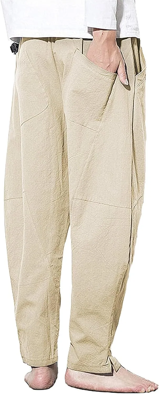 PACEIADTA Men's Cotton Linen Drawstring Pants Elastic Waist Casual Summer Beach Pants