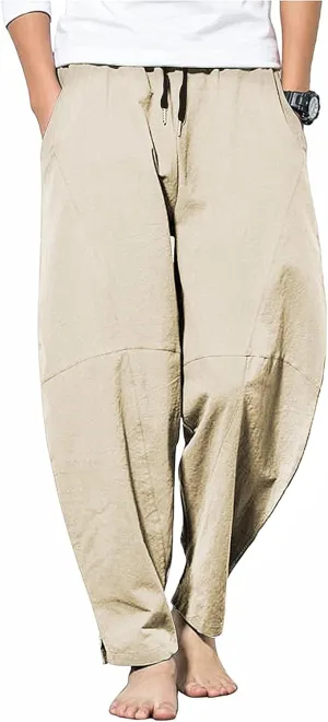 PACEIADTA Men's Cotton Linen Drawstring Pants Elastic Waist Casual Summer Beach Pants