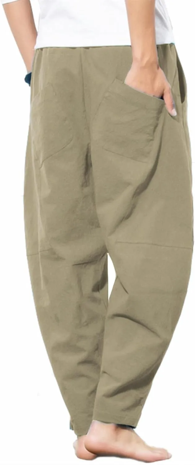 PACEIADTA Men's Cotton Linen Drawstring Pants Elastic Waist Casual Summer Beach Pants
