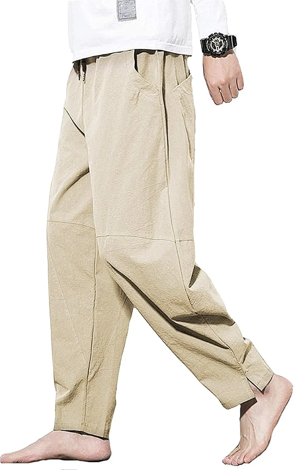PACEIADTA Men's Cotton Linen Drawstring Pants Elastic Waist Casual Summer Beach Pants
