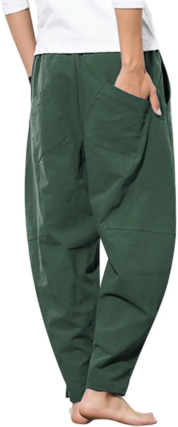 PACEIADTA Men's Cotton Linen Drawstring Pants Elastic Waist Casual Summer Beach Pants