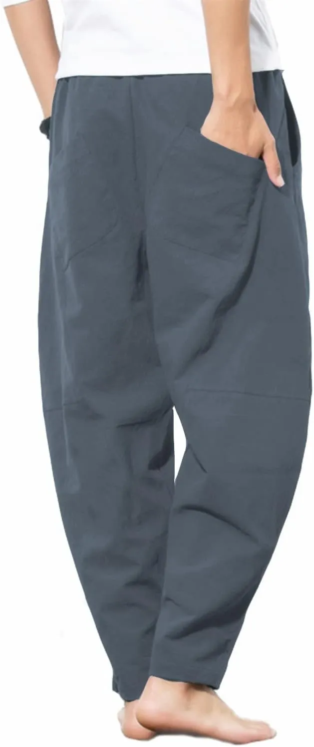 PACEIADTA Men's Cotton Linen Drawstring Pants Elastic Waist Casual Summer Beach Pants