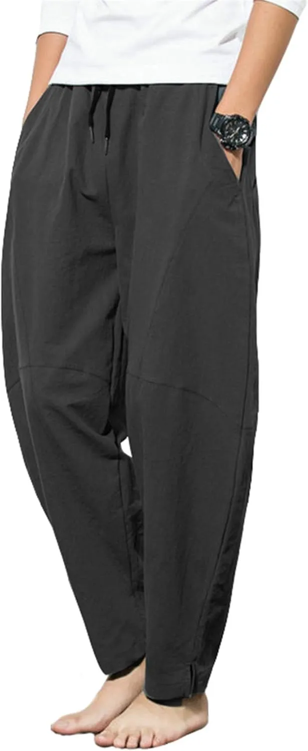PACEIADTA Men's Cotton Linen Drawstring Pants Elastic Waist Casual Summer Beach Pants