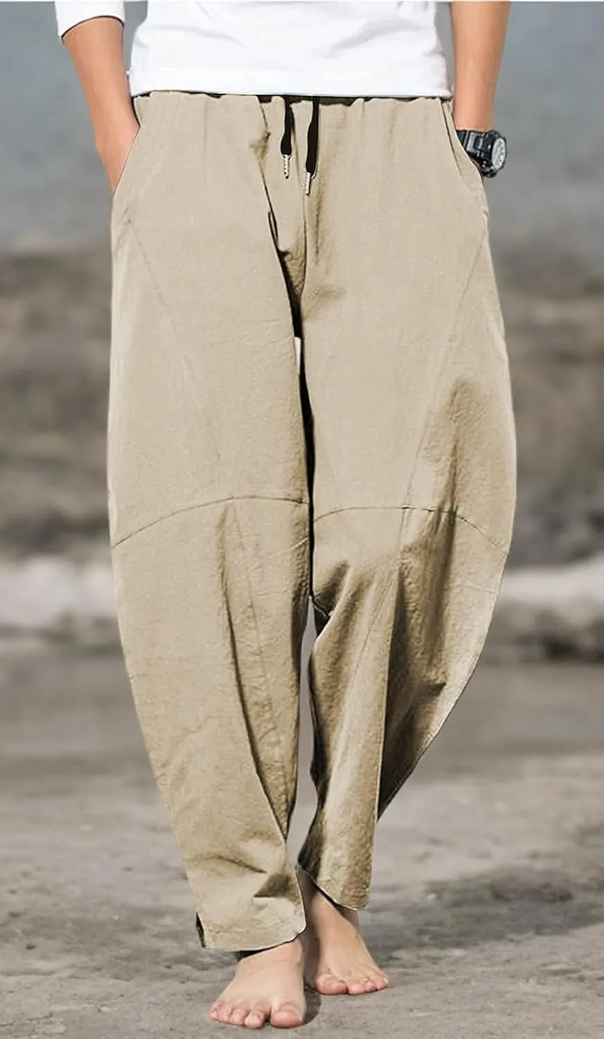 PACEIADTA Men's Cotton Linen Drawstring Pants Elastic Waist Casual Summer Beach Pants