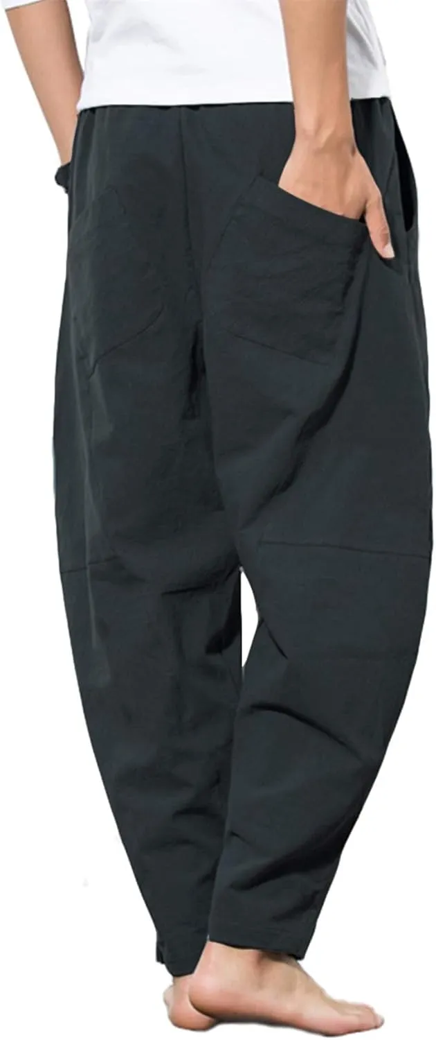 PACEIADTA Men's Cotton Linen Drawstring Pants Elastic Waist Casual Summer Beach Pants