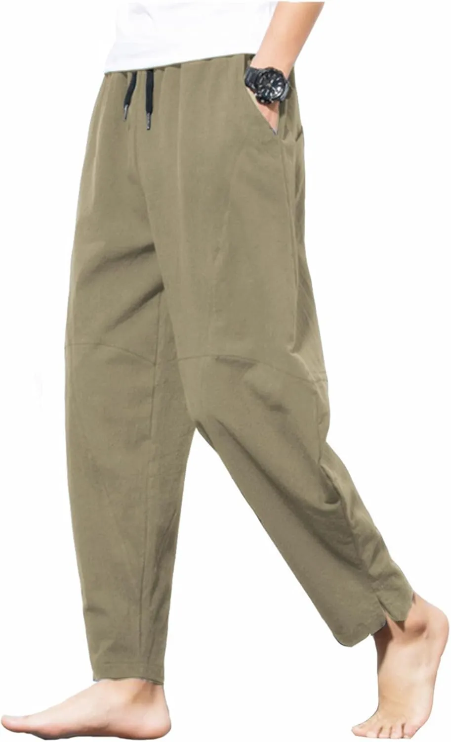 PACEIADTA Men's Cotton Linen Drawstring Pants Elastic Waist Casual Summer Beach Pants