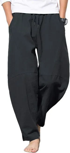 PACEIADTA Men's Cotton Linen Drawstring Pants Elastic Waist Casual Summer Beach Pants