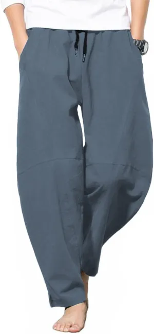 PACEIADTA Men's Cotton Linen Drawstring Pants Elastic Waist Casual Summer Beach Pants