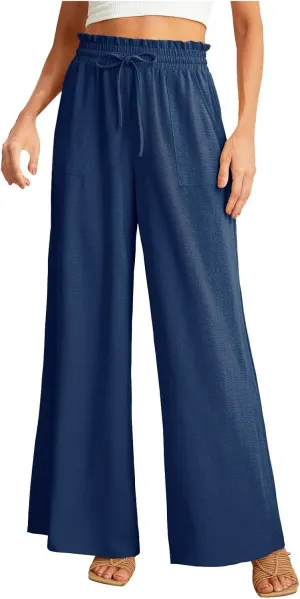 Palazzo Pants High Waist Pants for Women Ruched Elastic Waist Trouser Straight Leg Pants Soft Yoga Pant Lounge Pants