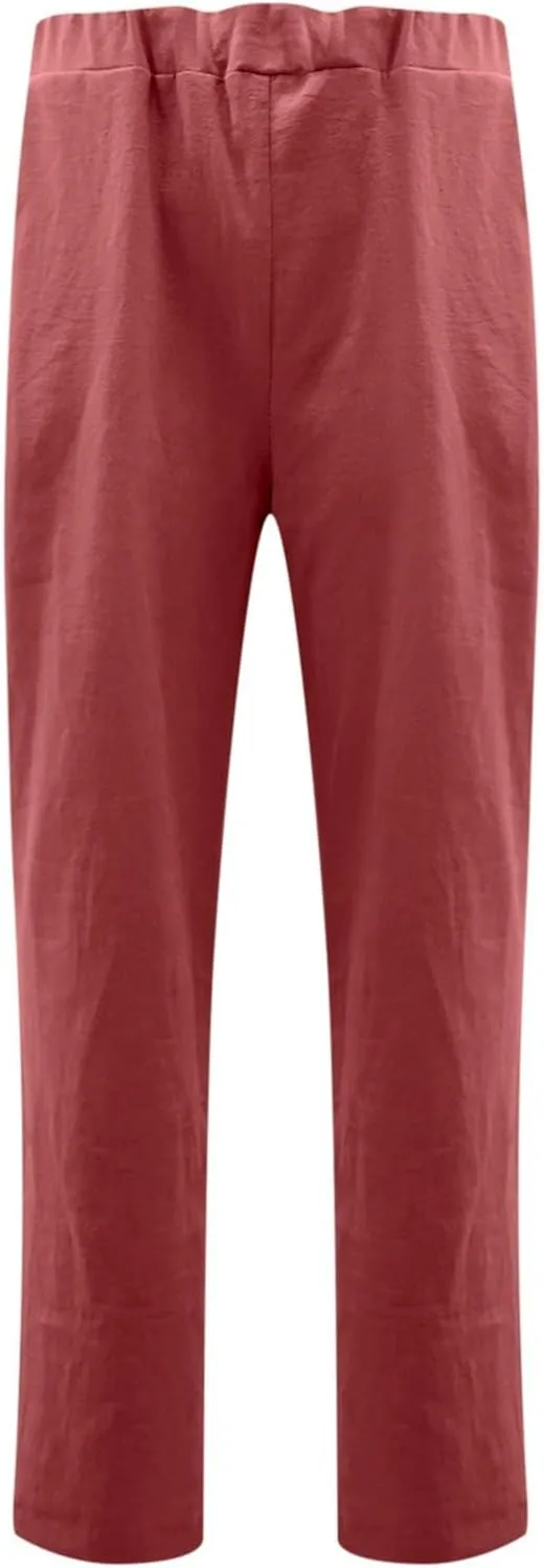 Pants for Women Trendy 2024 Casual Summer Elastic Waist Cotton Linen Pants Straight Leg Crop Trousers