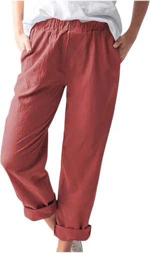Pants for Women Trendy 2024 Casual Summer Elastic Waist Cotton Linen Pants Straight Leg Crop Trousers