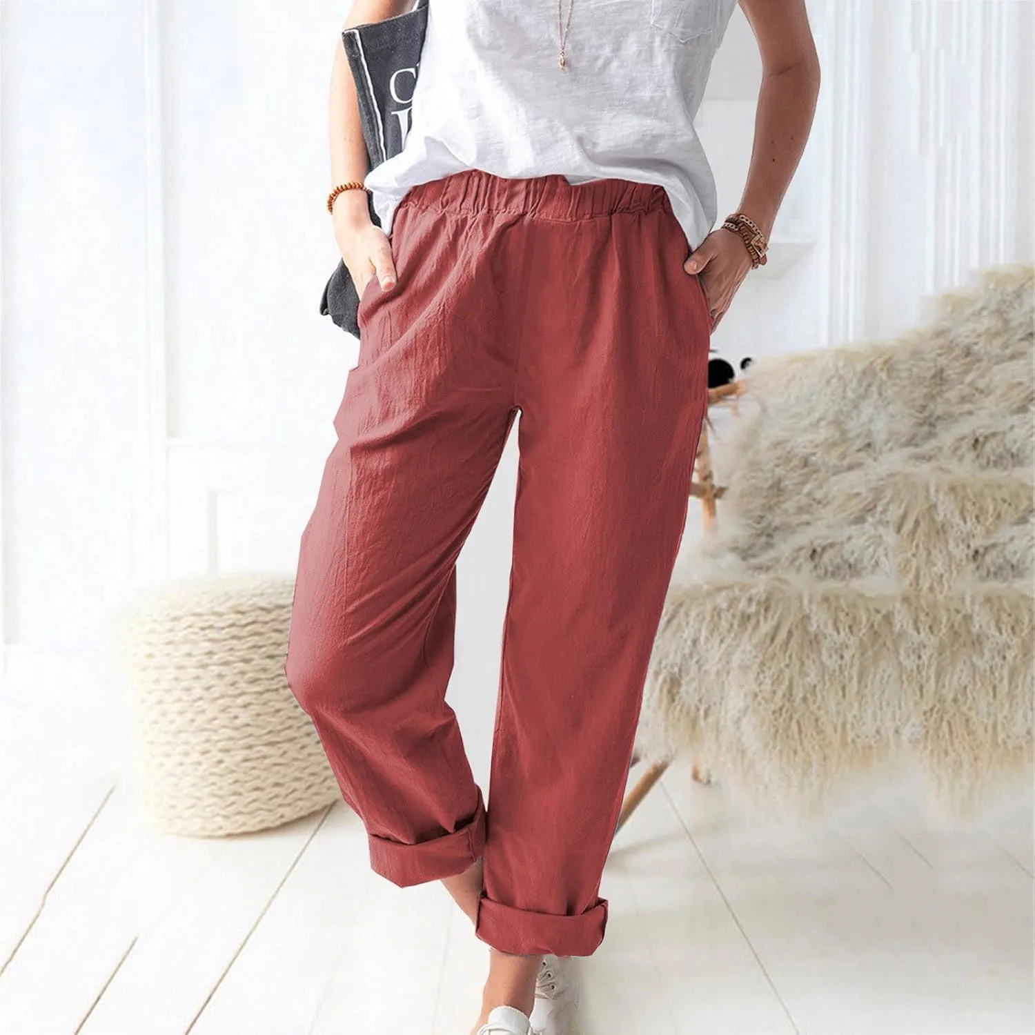 Pants for Women Trendy 2024 Casual Summer Elastic Waist Cotton Linen Pants Straight Leg Crop Trousers