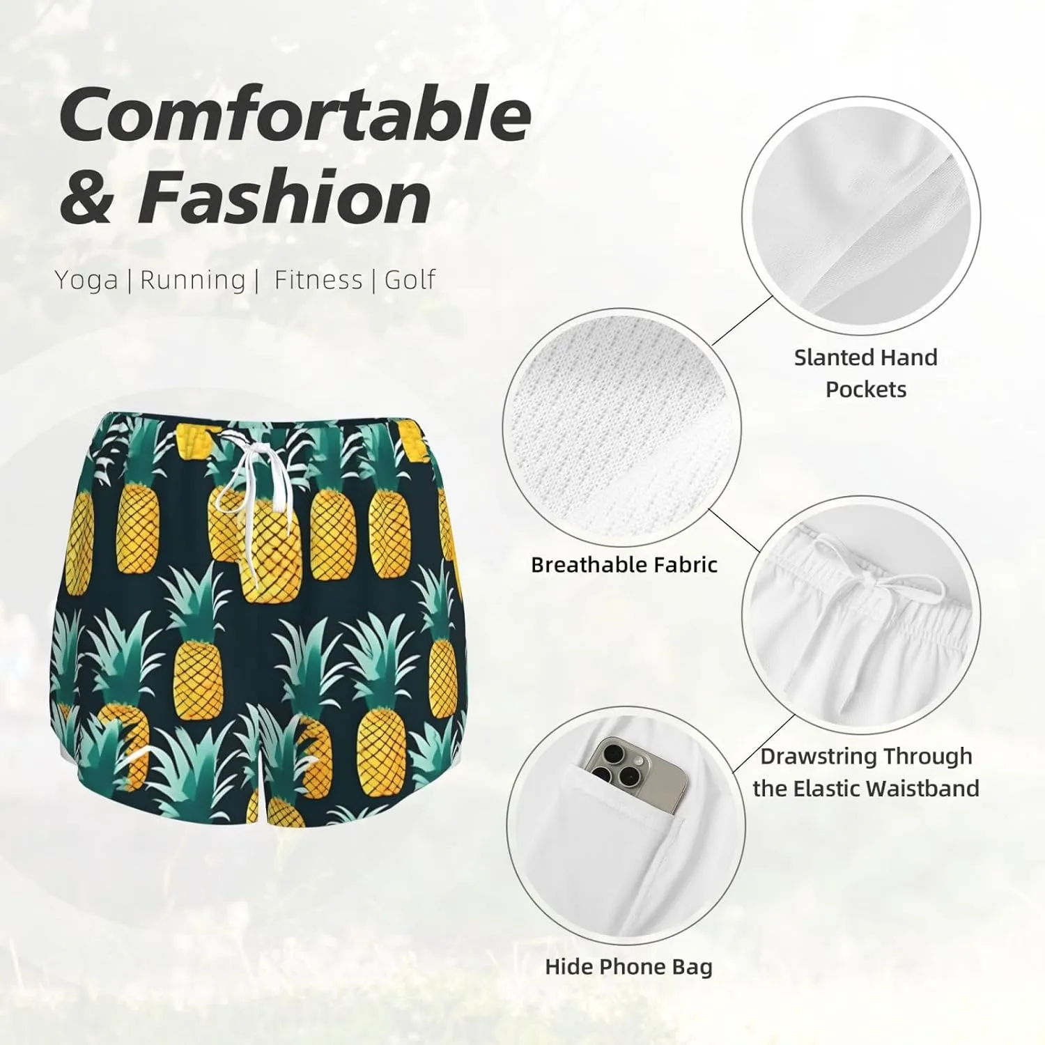 Pineapple Print Women's Running Shorts High Waisted Athletic Shorts Quick Dry Gym Workout Shorts