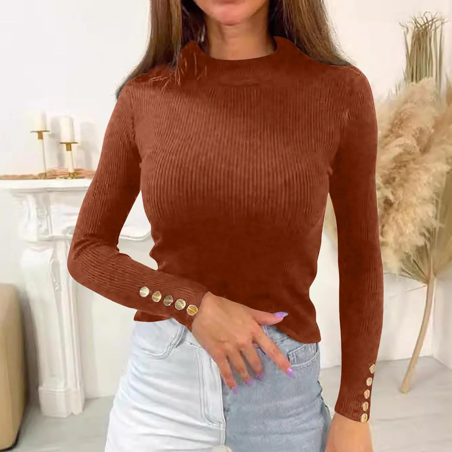 Pull Over Sweaters Womens Solid Color Crewneck Pullover Fall Clothes for Women 2024 Cable Knit Sweater Tight Fit