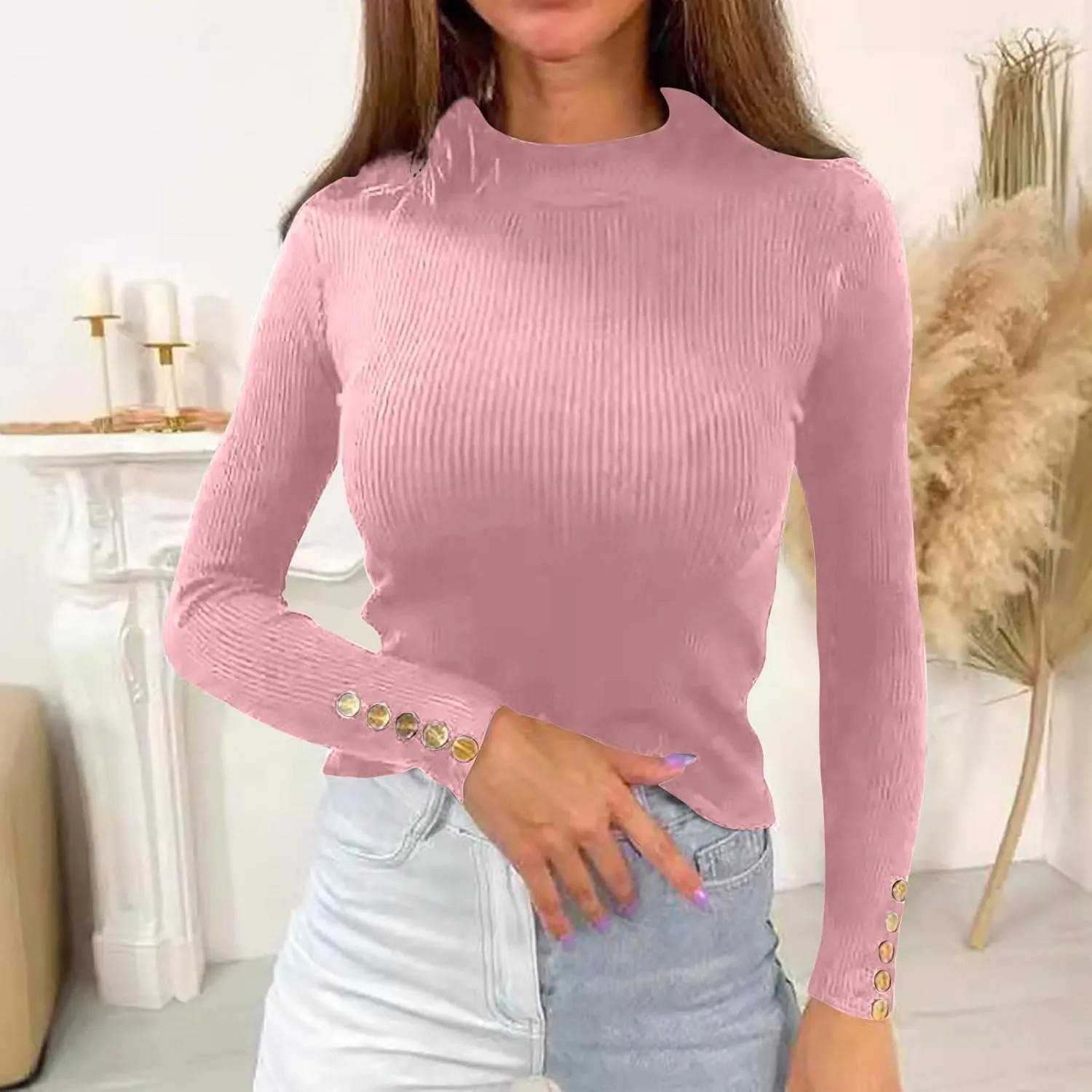 Pull Over Sweaters Womens Solid Color Crewneck Pullover Fall Clothes for Women 2024 Cable Knit Sweater Tight Fit