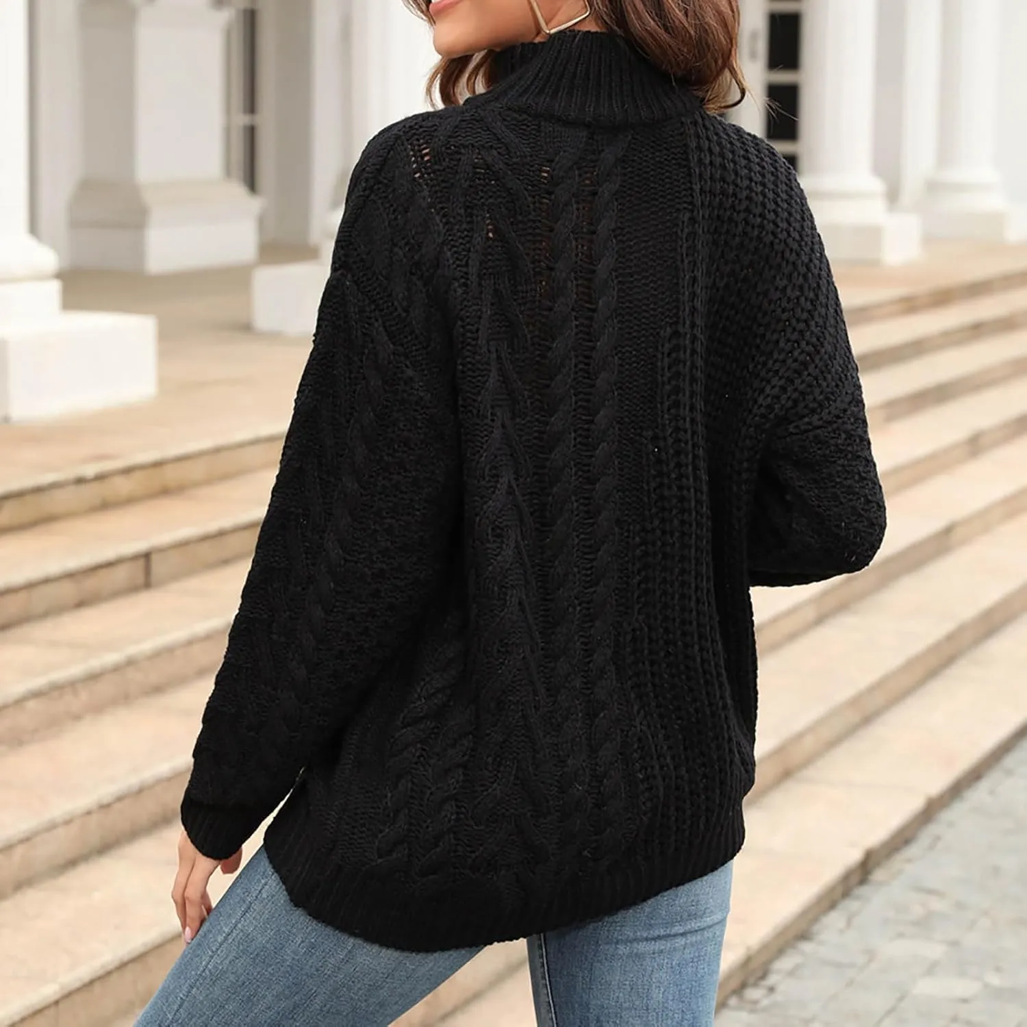 Pullover Sweaters for Women Trendy Cable Knit Tops Women's Fall Clothes Plus Size Turtleneck Oversized Sweater