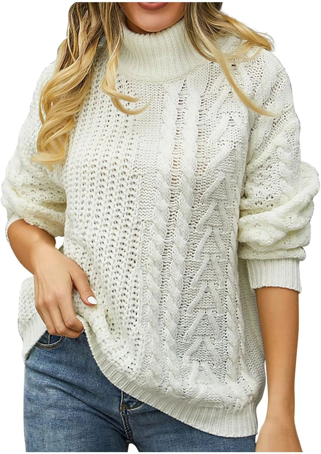 Pullover Sweaters for Women Trendy Cable Knit Tops Women's Fall Clothes Plus Size Turtleneck Oversized Sweater