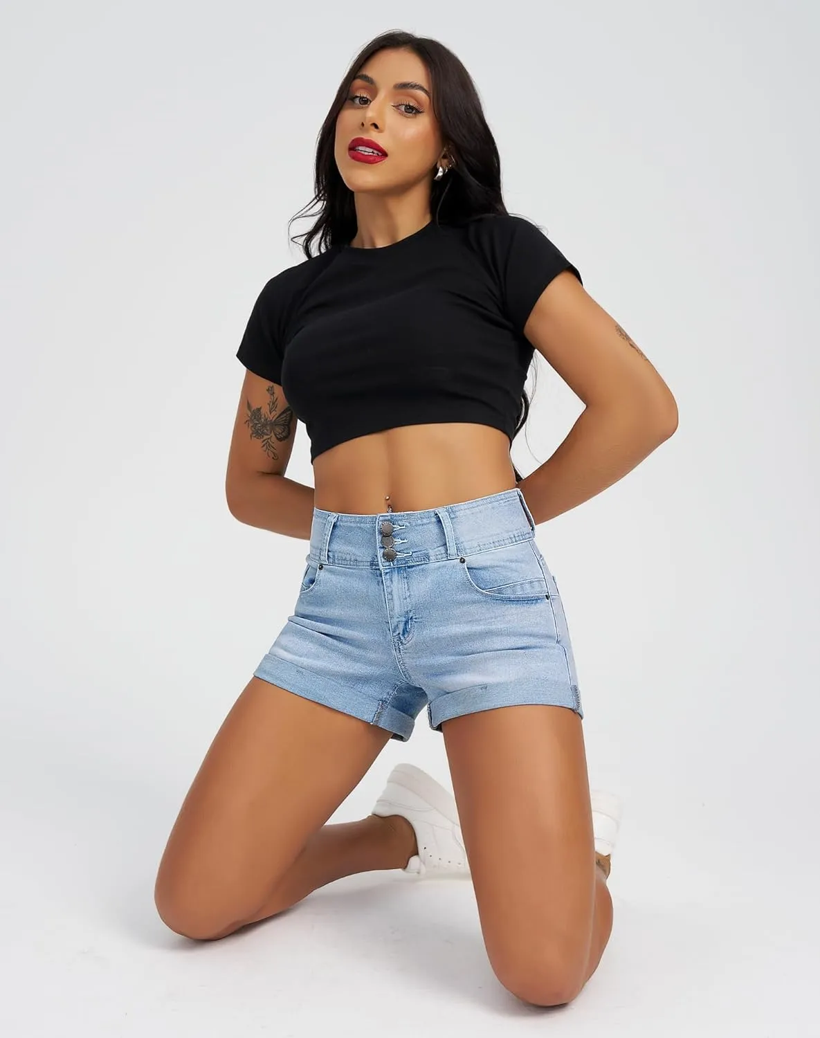 roswear Women's High Waisted Stretchy Denim Shorts Cuffed Jean Shorts