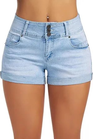 roswear Women's High Waisted Stretchy Denim Shorts Cuffed Jean Shorts
