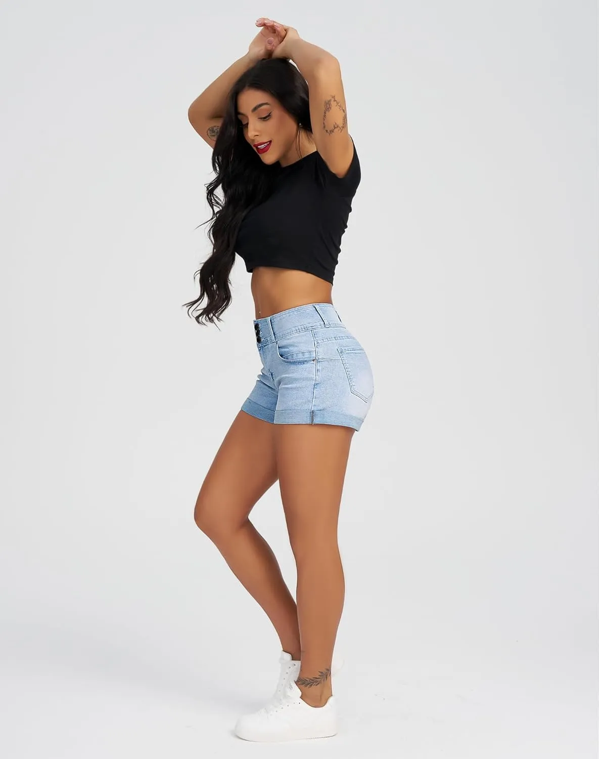 roswear Women's High Waisted Stretchy Denim Shorts Cuffed Jean Shorts