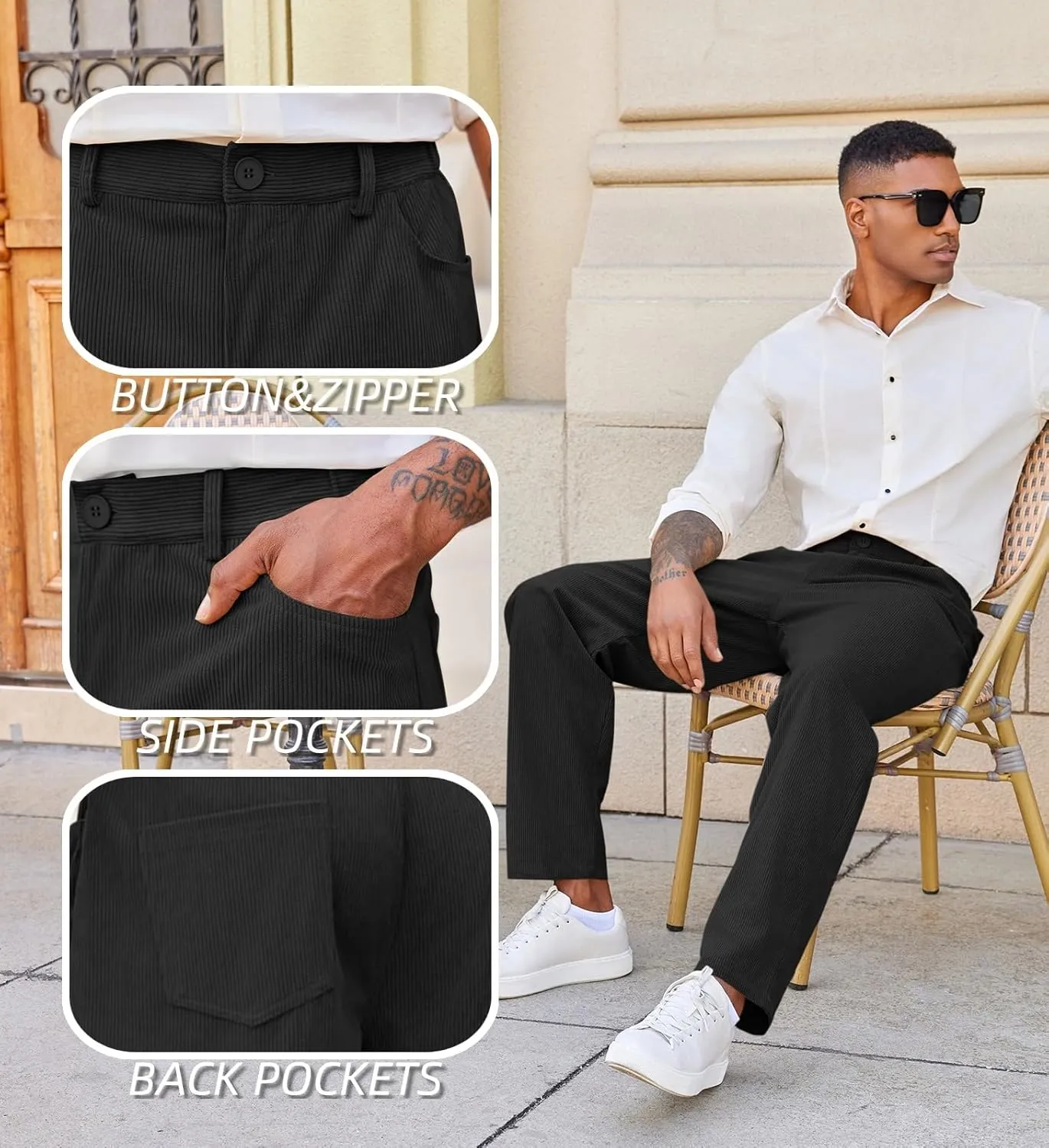 Runcati Mens Corduroy Pants Regular Fit Casual Elastic Waist Straight Leg Pants