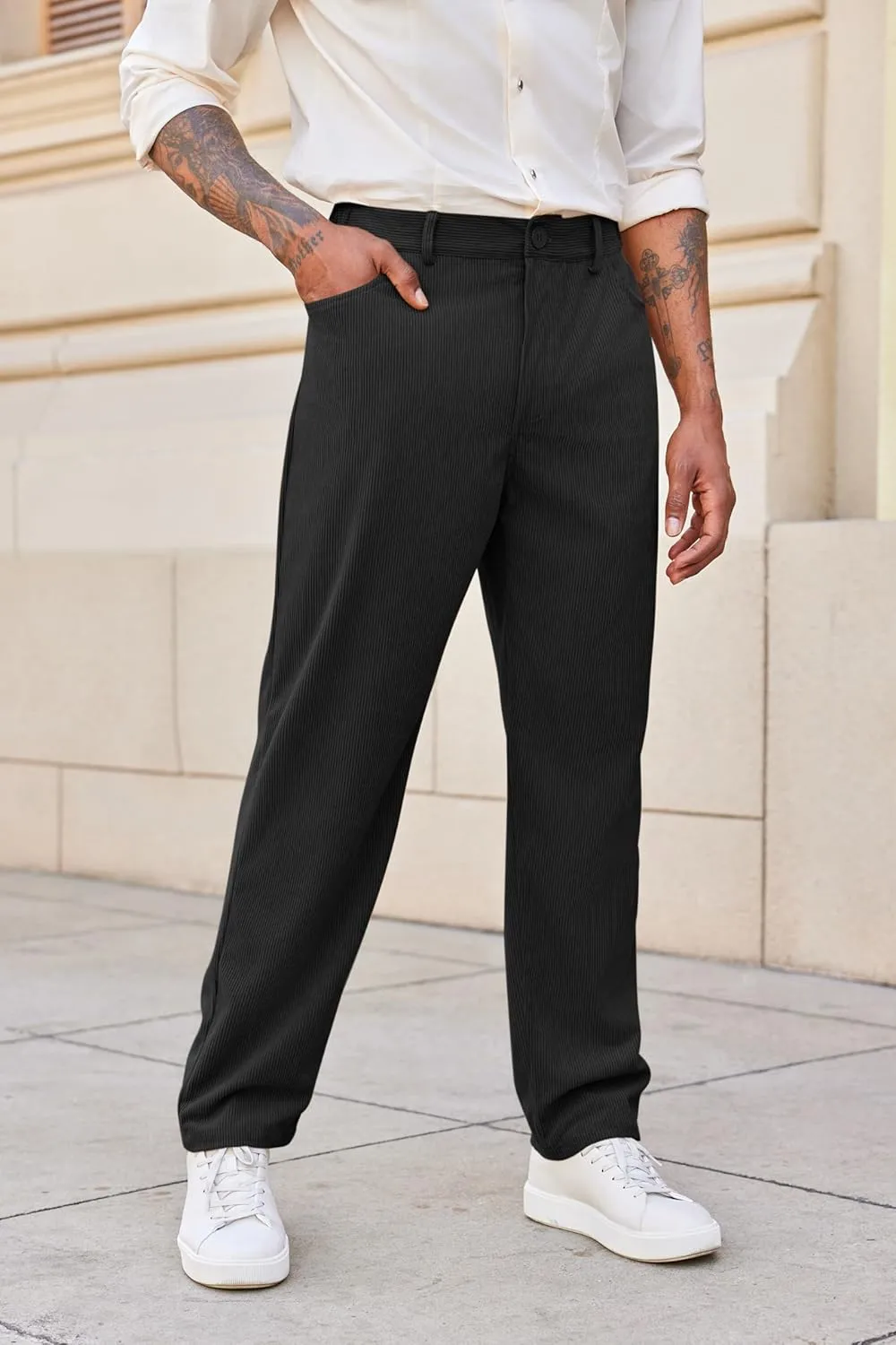 Runcati Mens Corduroy Pants Regular Fit Casual Elastic Waist Straight Leg Pants