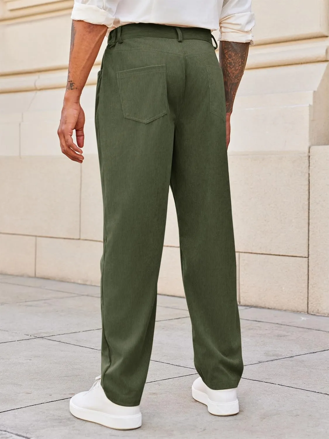 Runcati Mens Corduroy Pants Regular Fit Casual Elastic Waist Straight Leg Pants