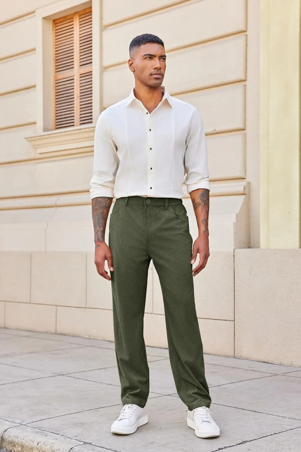 Runcati Mens Corduroy Pants Regular Fit Casual Elastic Waist Straight Leg Pants