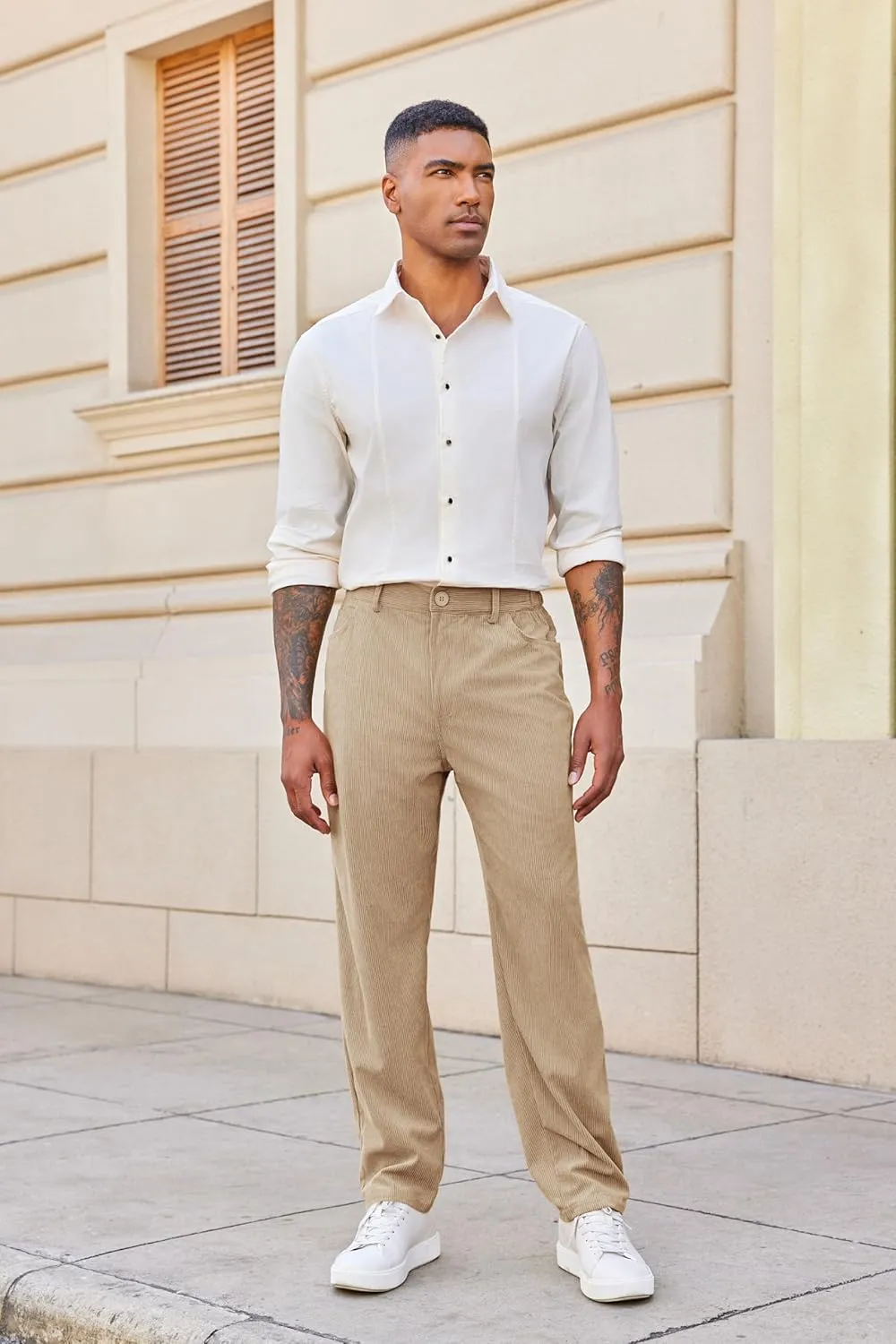 Runcati Mens Corduroy Pants Regular Fit Casual Elastic Waist Straight Leg Pants