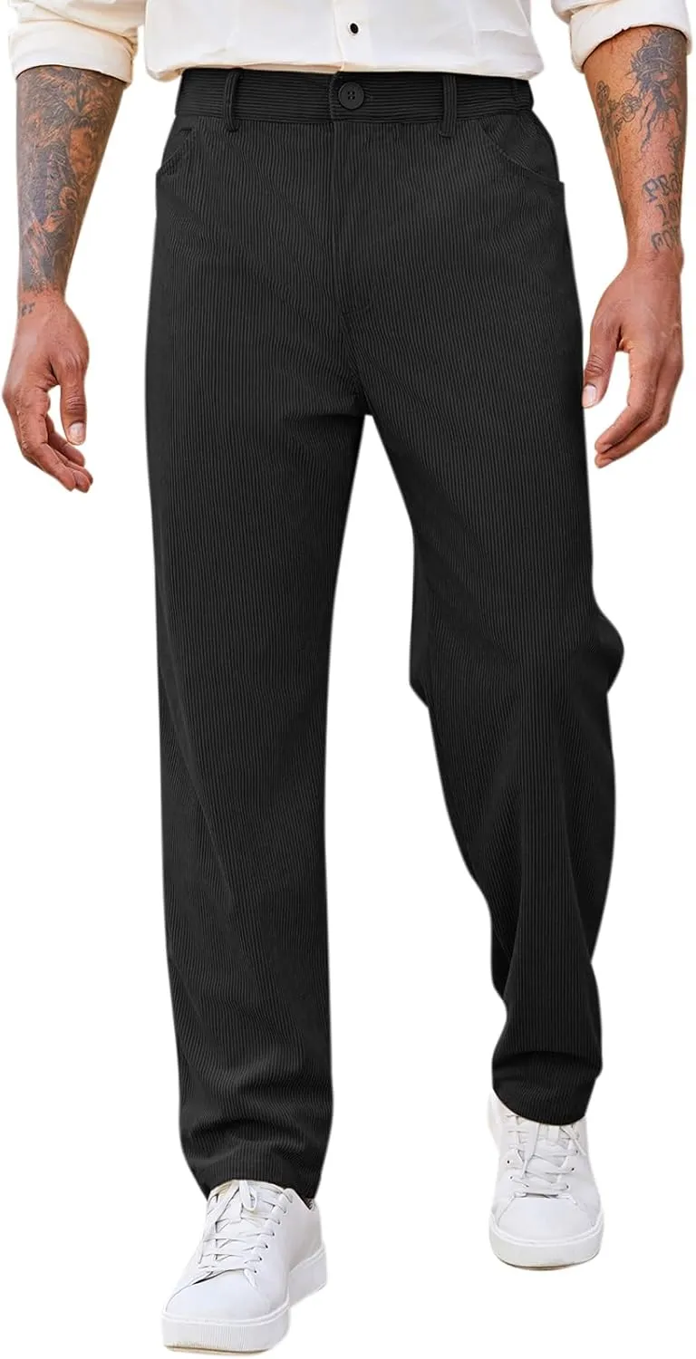 Runcati Mens Corduroy Pants Regular Fit Casual Elastic Waist Straight Leg Pants