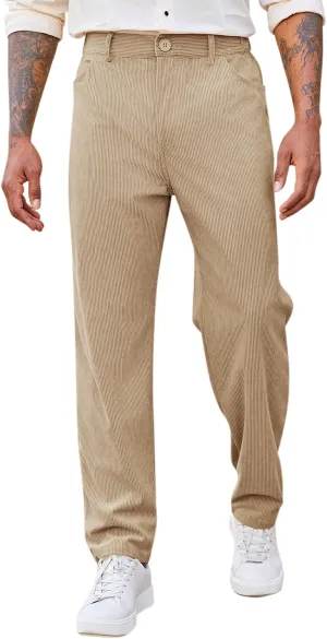 Runcati Mens Corduroy Pants Regular Fit Casual Elastic Waist Straight Leg Pants