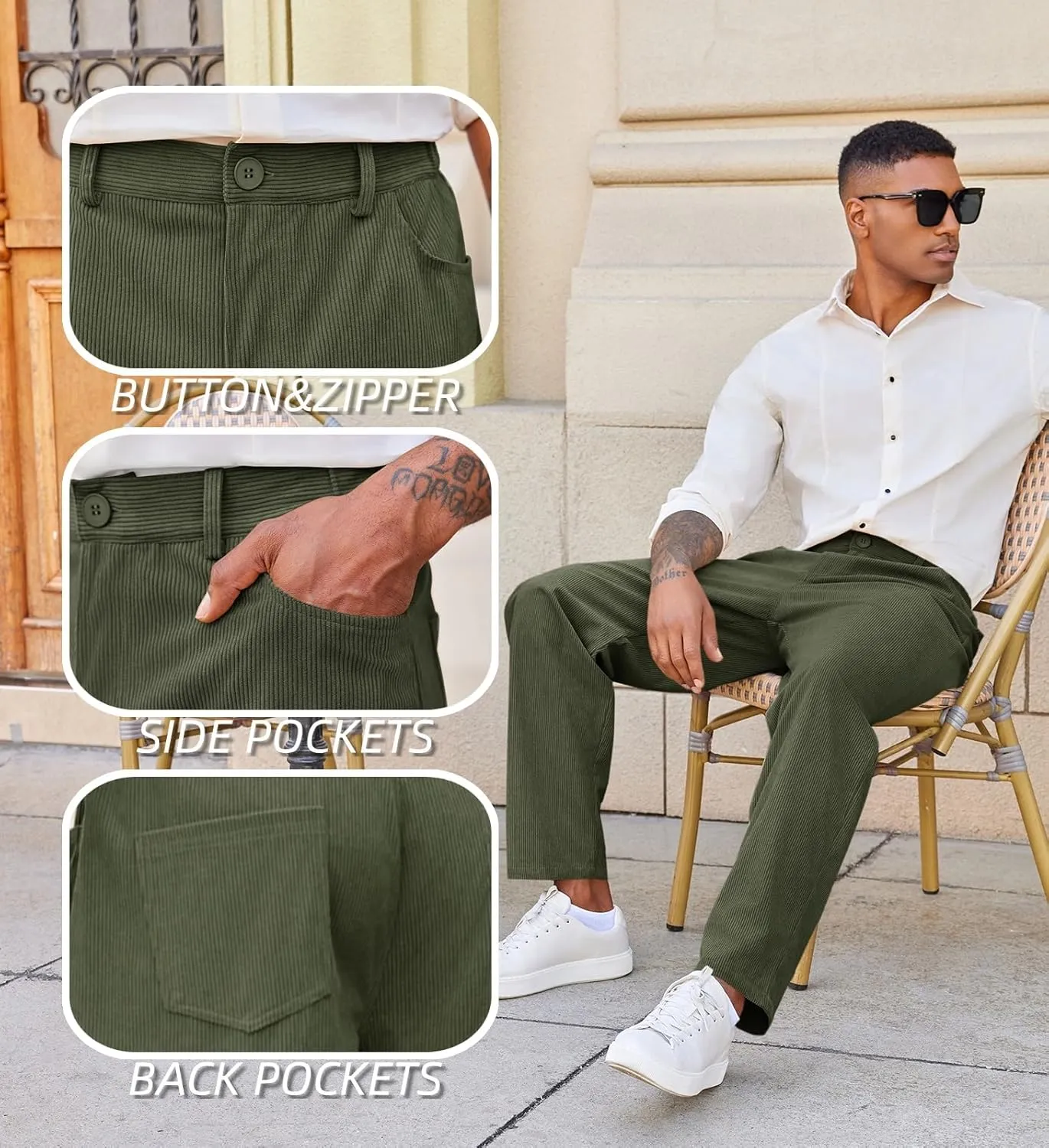 Runcati Mens Corduroy Pants Regular Fit Casual Elastic Waist Straight Leg Pants