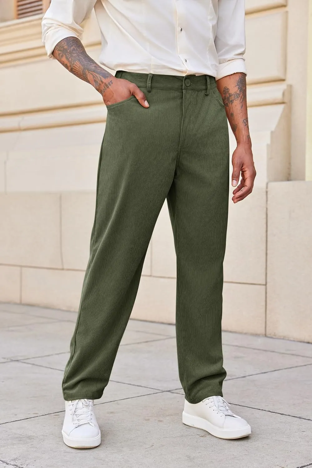 Runcati Mens Corduroy Pants Regular Fit Casual Elastic Waist Straight Leg Pants