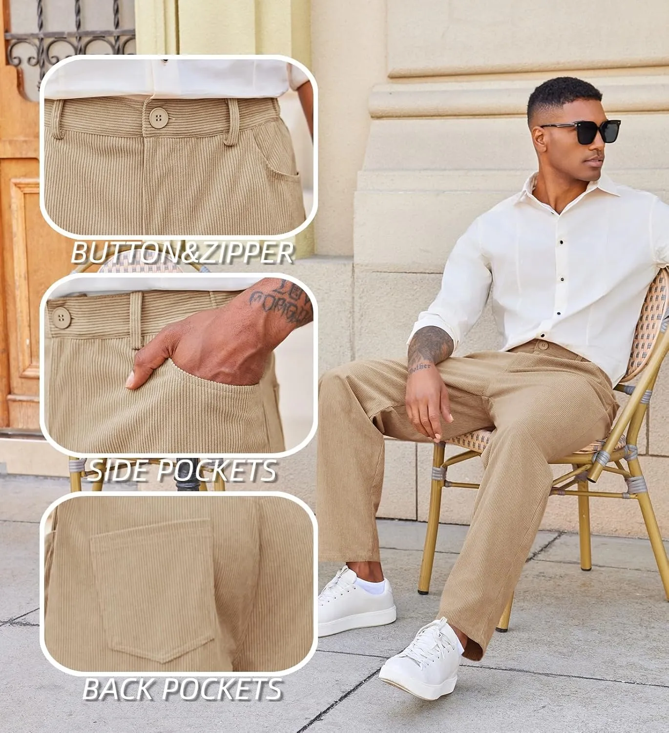 Runcati Mens Corduroy Pants Regular Fit Casual Elastic Waist Straight Leg Pants