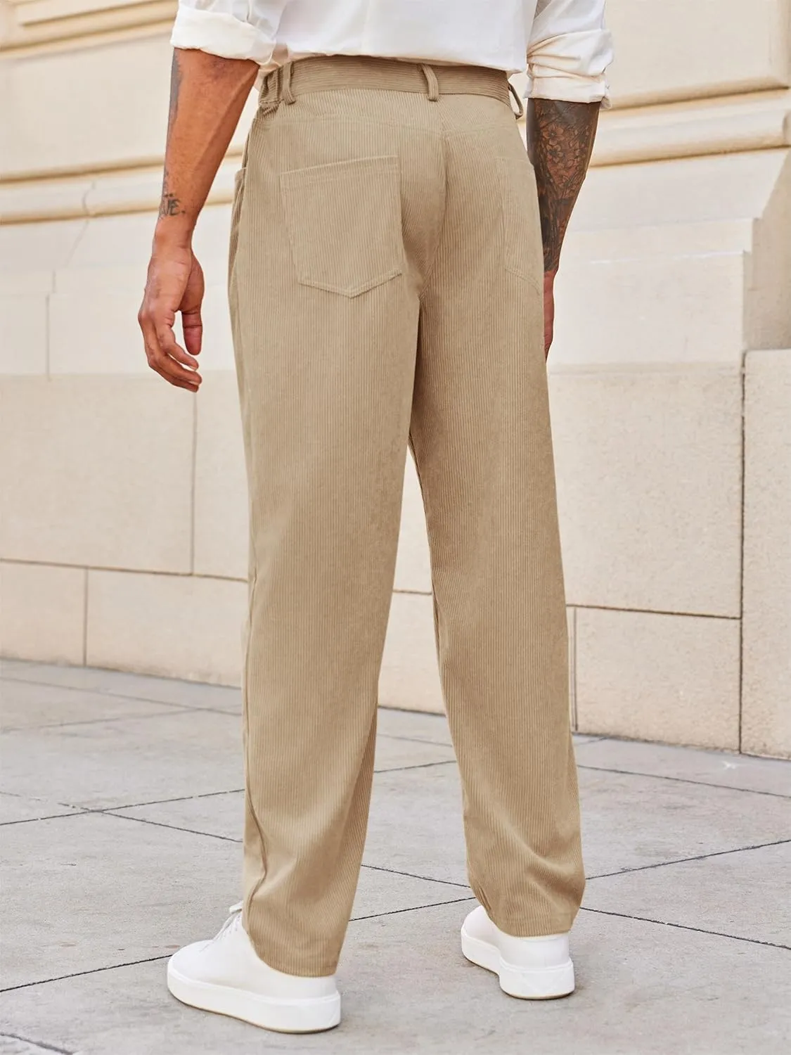 Runcati Mens Corduroy Pants Regular Fit Casual Elastic Waist Straight Leg Pants