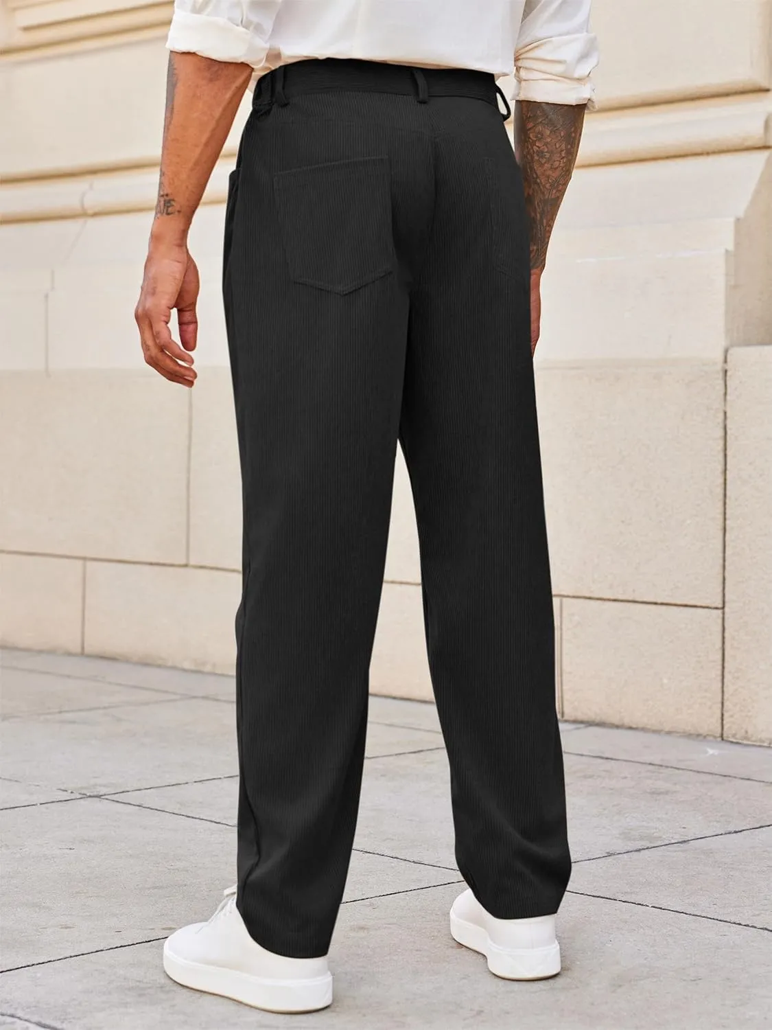 Runcati Mens Corduroy Pants Regular Fit Casual Elastic Waist Straight Leg Pants