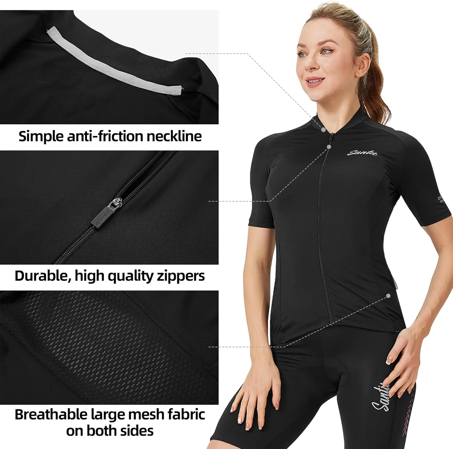 Santic Cycling Jersey Women's Shorts Sleeve Tops Bike Shirts Bicycle Jacket Full Zip with Pockets Andrea