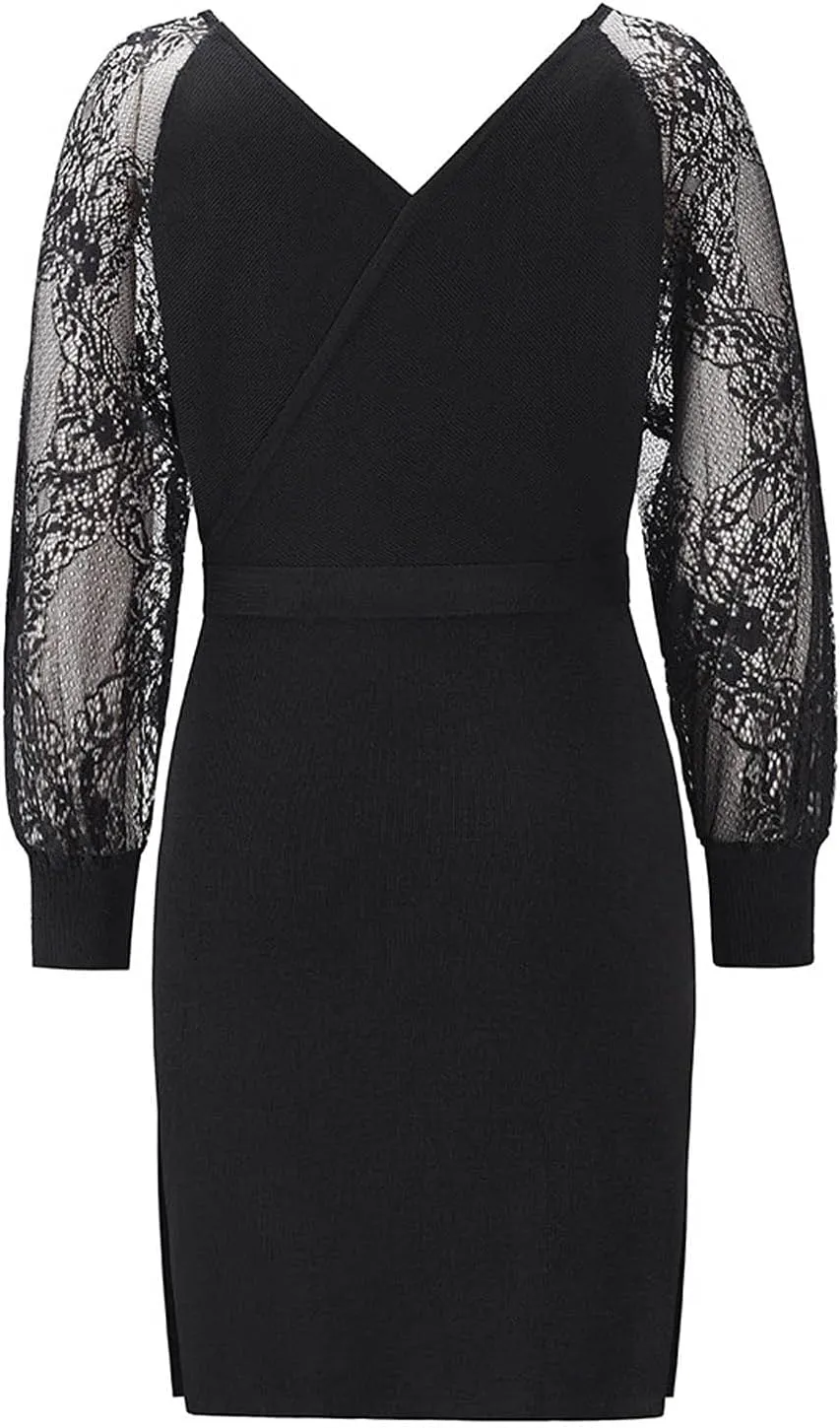 Semi Formal Church Knit Dresses for Women Bishop Sleeve Sexy V Neck Bodycon Midi Dress Slim Wrap Jumpers Sweater Dress