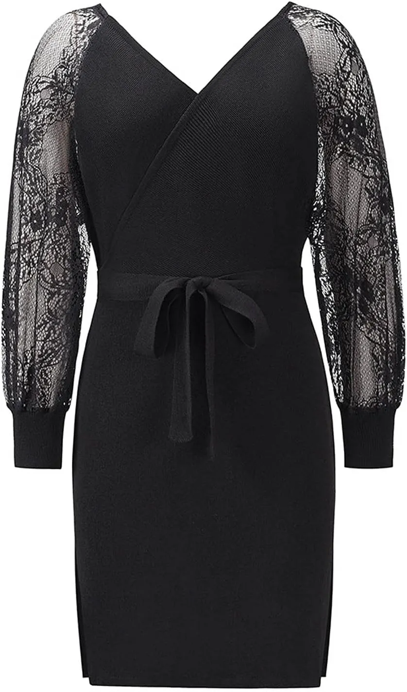Semi Formal Church Knit Dresses for Women Bishop Sleeve Sexy V Neck Bodycon Midi Dress Slim Wrap Jumpers Sweater Dress