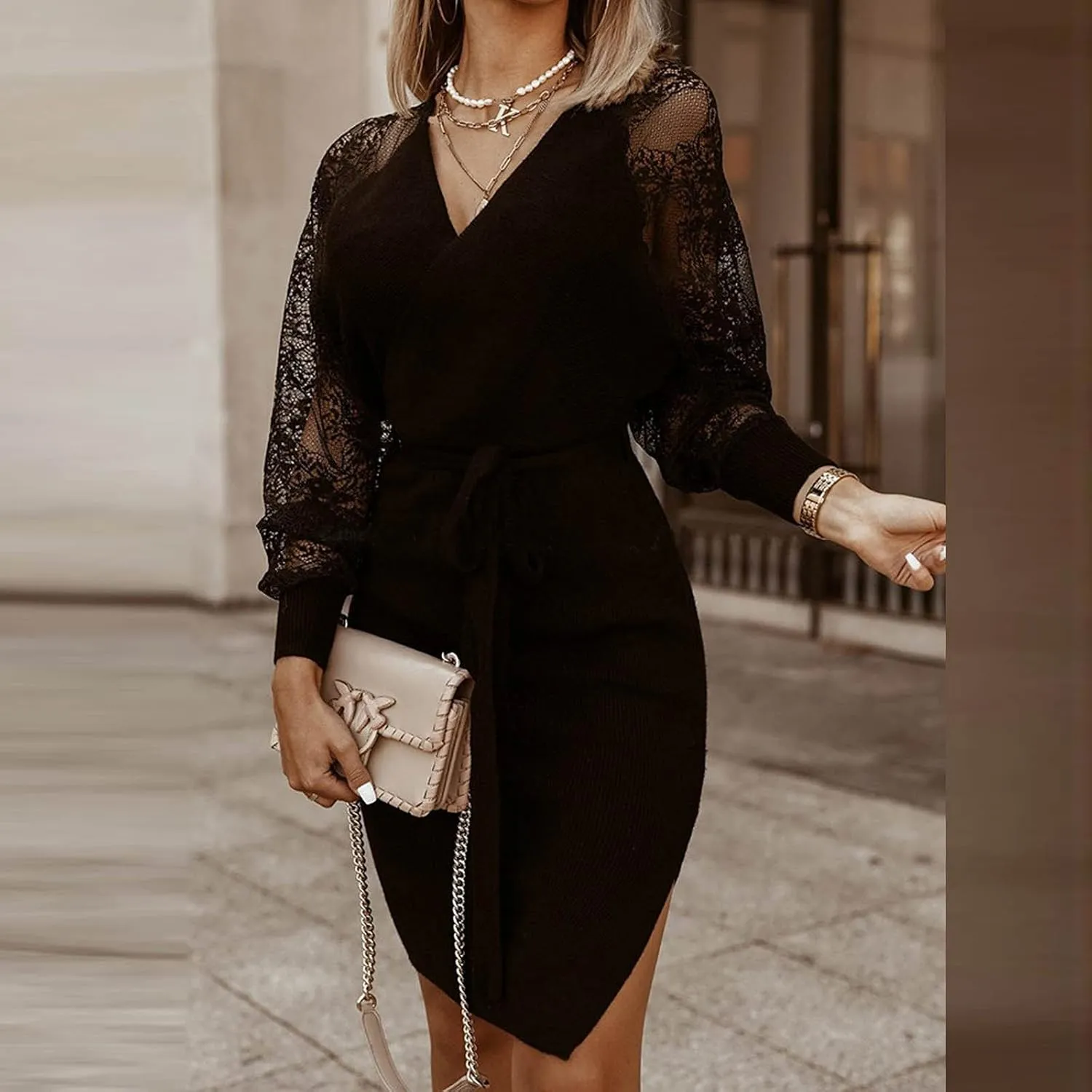 Semi Formal Church Knit Dresses for Women Bishop Sleeve Sexy V Neck Bodycon Midi Dress Slim Wrap Jumpers Sweater Dress