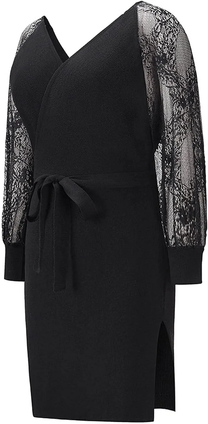 Semi Formal Church Knit Dresses for Women Bishop Sleeve Sexy V Neck Bodycon Midi Dress Slim Wrap Jumpers Sweater Dress