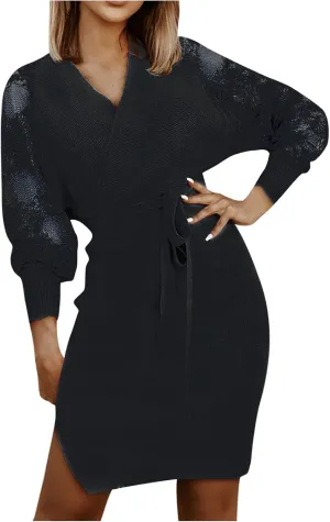 Semi Formal Church Knit Dresses for Women Bishop Sleeve Sexy V Neck Bodycon Midi Dress Slim Wrap Jumpers Sweater Dress