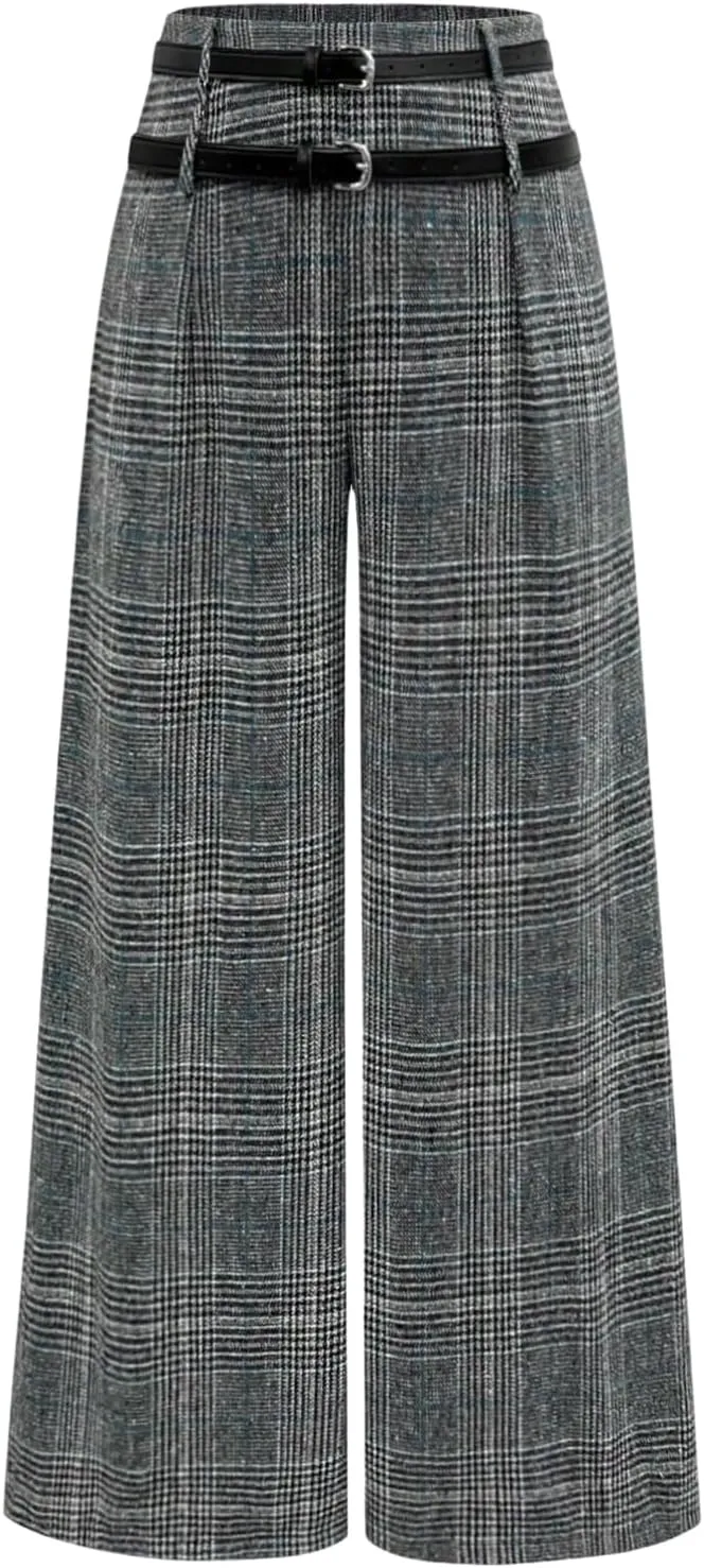 SOLY HUX Women's Plus Size Dress Pants Plaid Wide Leg High Waisted Work Office Tailored Pants with Belt