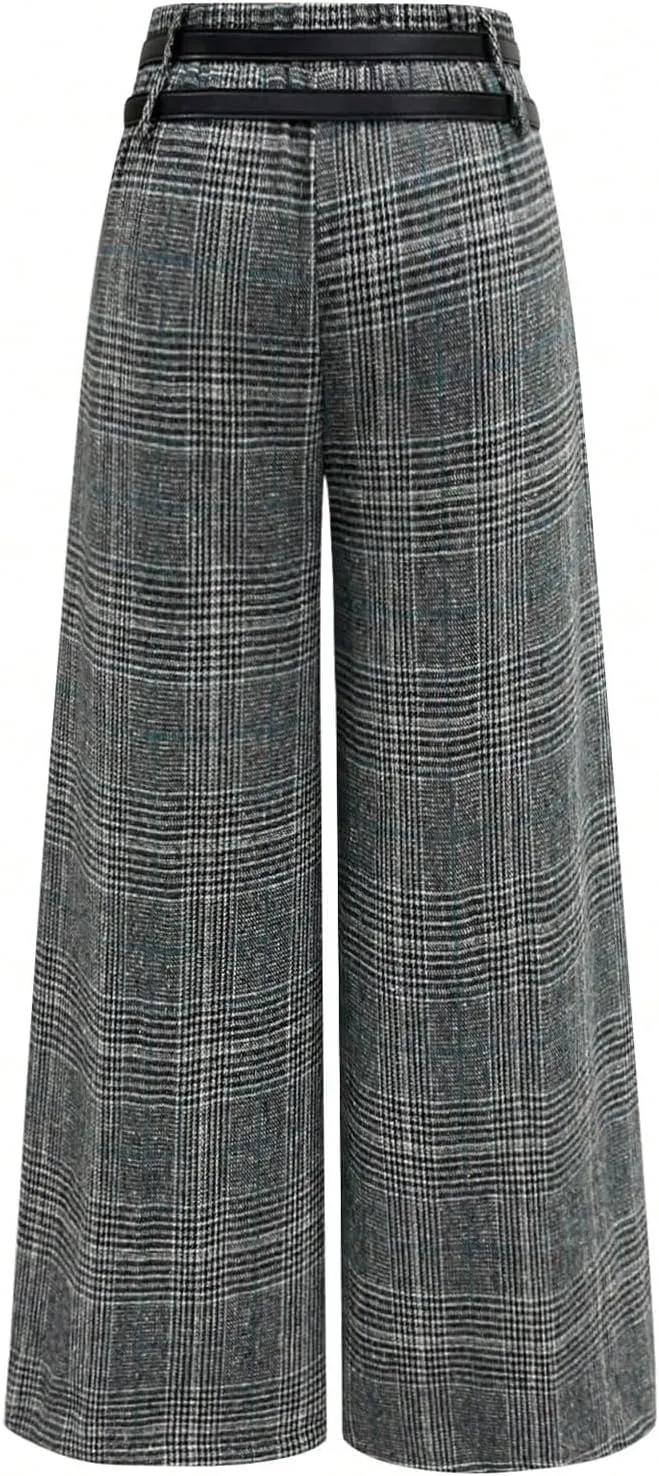 SOLY HUX Women's Plus Size Dress Pants Plaid Wide Leg High Waisted Work Office Tailored Pants with Belt
