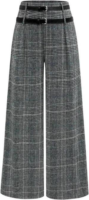 SOLY HUX Women's Plus Size Dress Pants Plaid Wide Leg High Waisted Work Office Tailored Pants with Belt