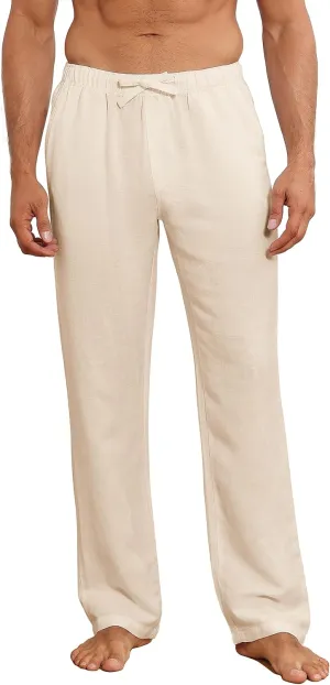 Soojun Mens Linen Pull on Pants with Elastic Waist Casual Yoga Pants